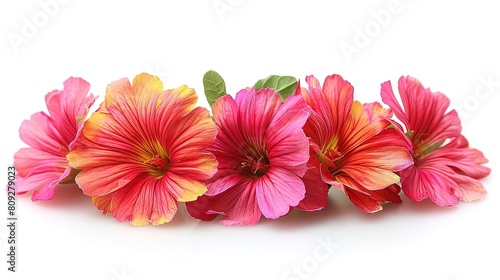 Generate an image of five flowers in a row against a white background. The flowers should be pink and orange, with a gradient from light to dark.