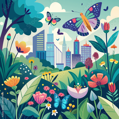 Butterflies fly over flowers and bushes in city park, biodiversity and rewilding in city photo