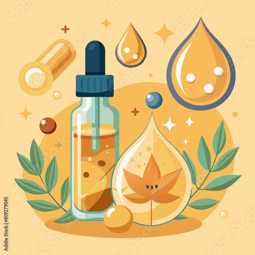 Oil drops. Serum droplet with air bubbles. Skincare gold drops