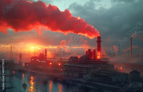 Industrial landscape with heavy pollution produced by chemical plant. Industrial chimney emitting red smoke