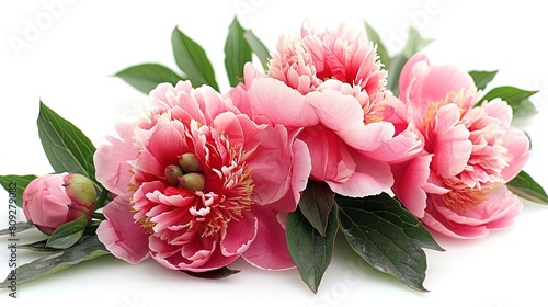 Generate an image of three pink peonies with green leaves on a white background. The peonies should be in full bloom and facing upwards. photo