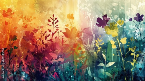 Grunge style beautiful, colorful, abstract art. Paper texture. Colorful painting. Watercolor background with flowers and plants