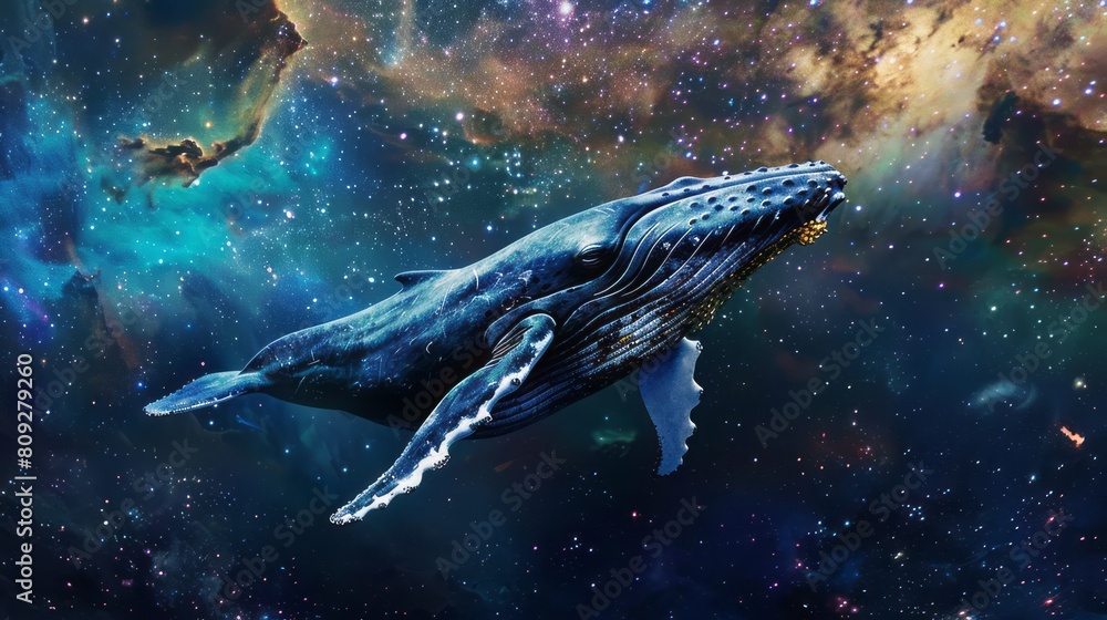 Fototapeta premium Humpback Whale Painting Space Swimming. Majestic contrasts against dark backdrop stars galaxies.