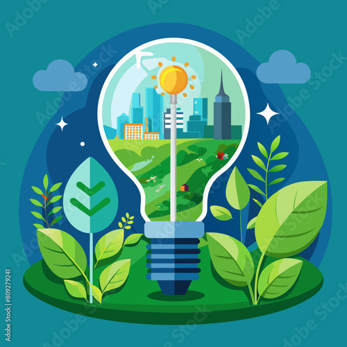 Paper cut of light bulb with green eco city, Renewable energy by 2050 Carbon neutral energy or greenhouse gas emission CO2, Save energy creative idea concept