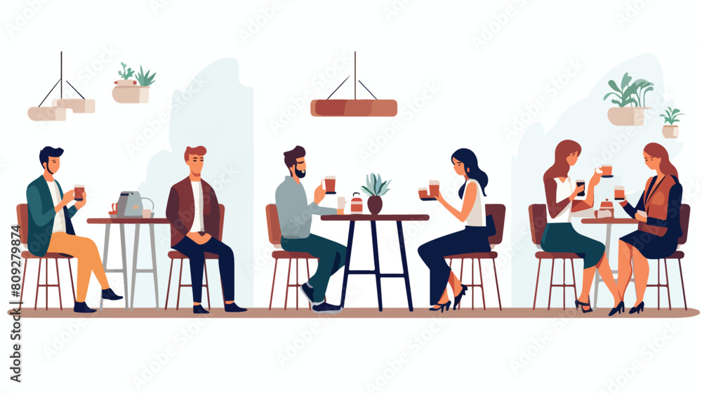 Set of men and women sitting at cafe or restaurant