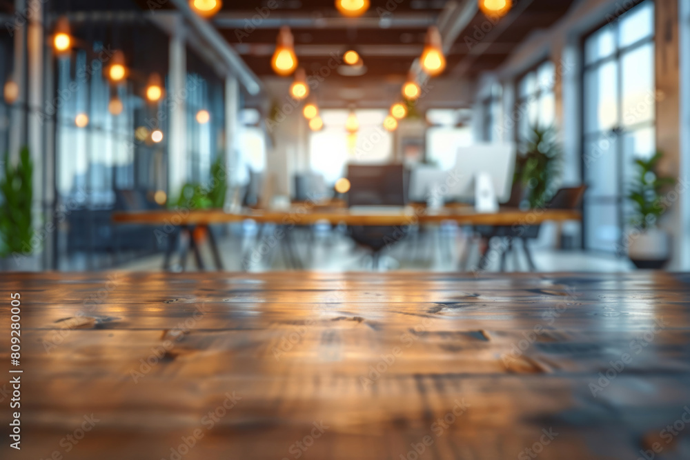 Business, empty office and workstation with furniture for computer, meeting or modern workplace. Blurred, company and table with potted plant for contemporary building, creative or design agency