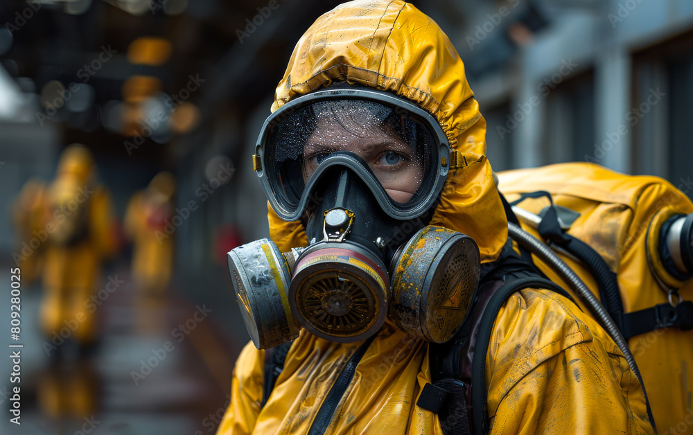 Rescuer in chemical protection suit looks at the camera Rescuer in chemical protection suit looks at the camera