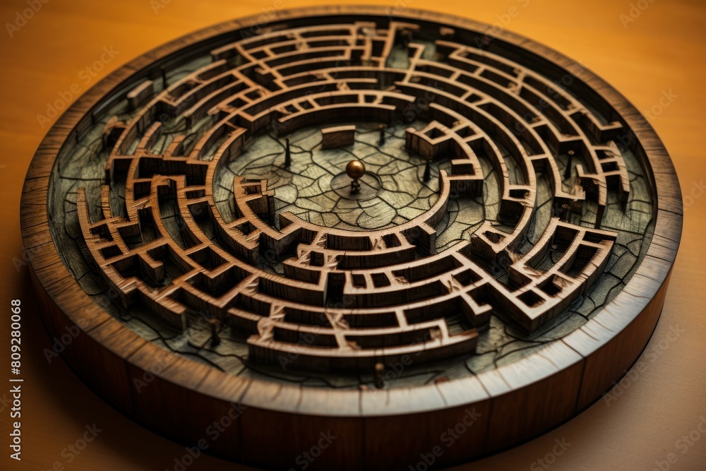 Close-up of a circular wooden maze puzzle with complex pathways, set on a warm-toned table