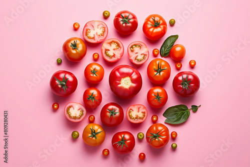 Tomatoes are neatly arranged on a bright pink background.
