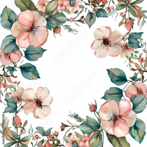Pink Flowers and Green Leaves on White Background