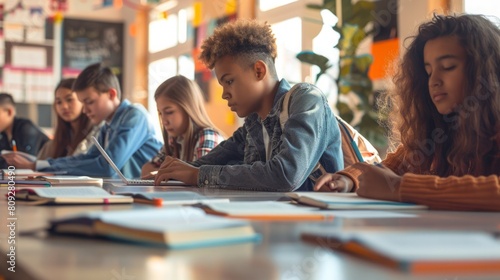 Several individuals are seated at a table, each with a notebook open in front of them, engaged in writing or studying.