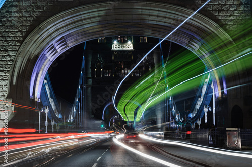 Photography Light trails of passing cars on Tower bridge in London