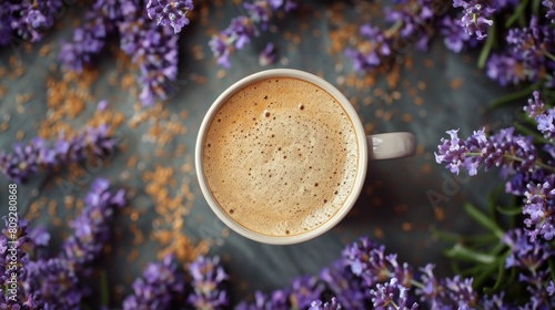 Cup of Cappuccino Surrounded by Lavender Flowers