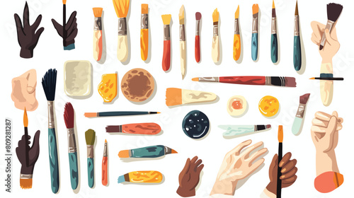 Set of painters hands draw and paint with pencil ch photo