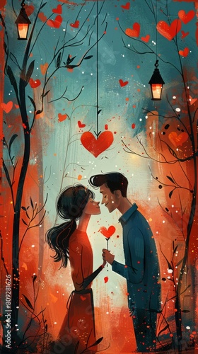 Illustration of a romantic couple embracing, surrounded by floating hearts and whimsical lanterns in a mystical forest.