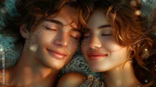 A serene close-up of a young couple resting together, faces close with smiles, highlighted by shimmering light. © Siwatcha Studio