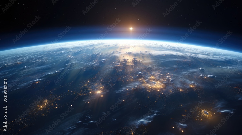 Sunlit Earth from space, showcasing dynamic weather visualization and satellite trajectories. Big data visualization