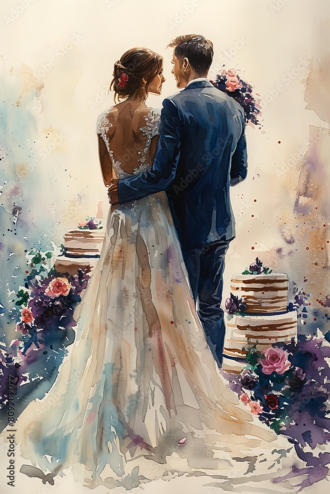 A watercolor painting capturing a bride and groom from behind, overlooking a beautifully detailed wedding cake surrounded by vibrant flowers.