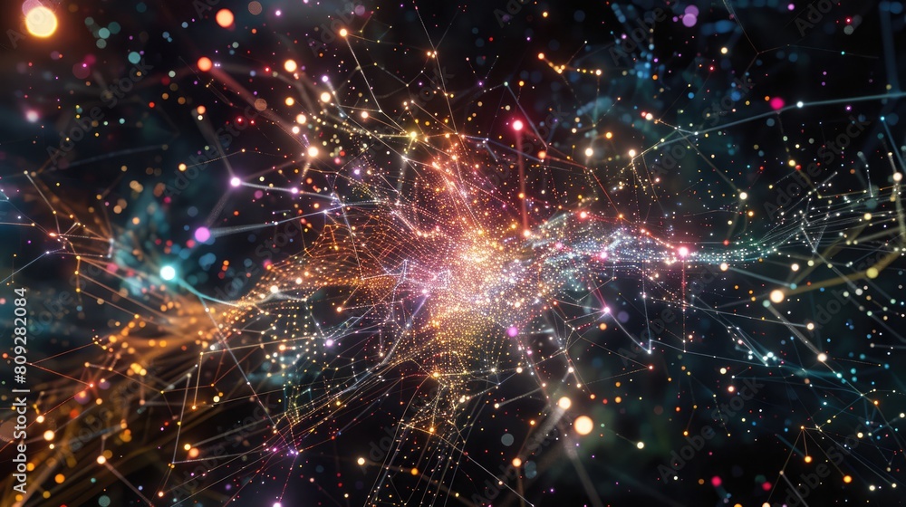 Fototapeta premium Social media dynamics visualized as interconnected lights and color bursts in a dark space. Big data visualization