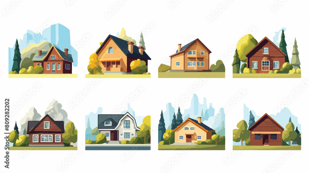 Set of landscapes with wooden houses flat style vec