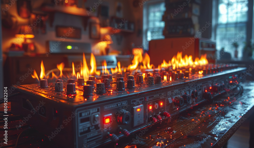 Fire and water in the control room of nightclub. A photo of an electrical fire Fire and water in the control room of nightclub. A photo of an electrical fire