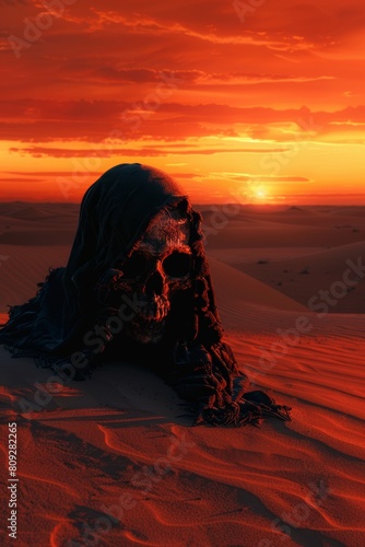 Skull Cloaked in Darkness Against Desert Sunset 