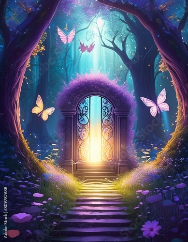 Fairytale forest with magical secret door and butterflies