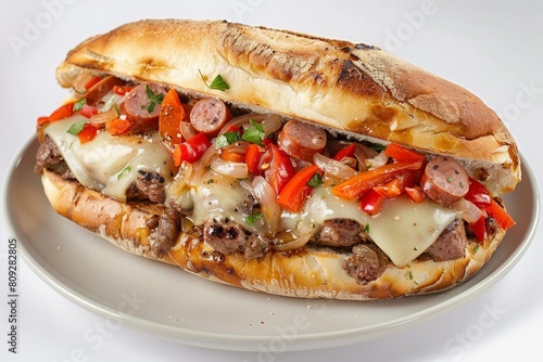 Hearty All Star Sausage Steak Sandwich with Hot Pickled Veggies and Provolone