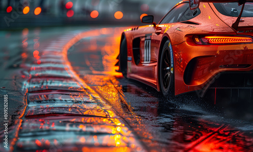 Sports car driving on wet road with raindrops. A race car on a track