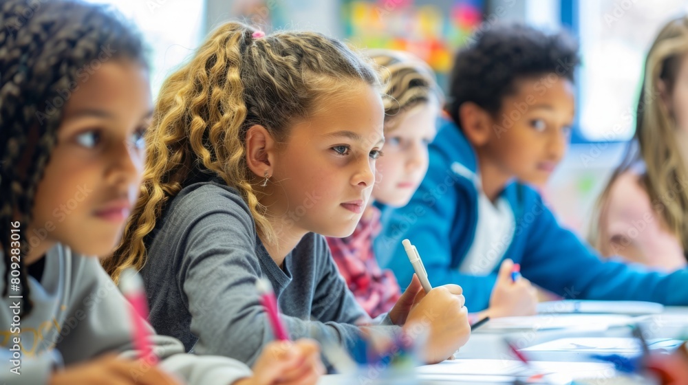A group of young children sitting together at a table, engaged in activities or conversations. A group of young children sitting together at a table, engaged in activities or conversations.