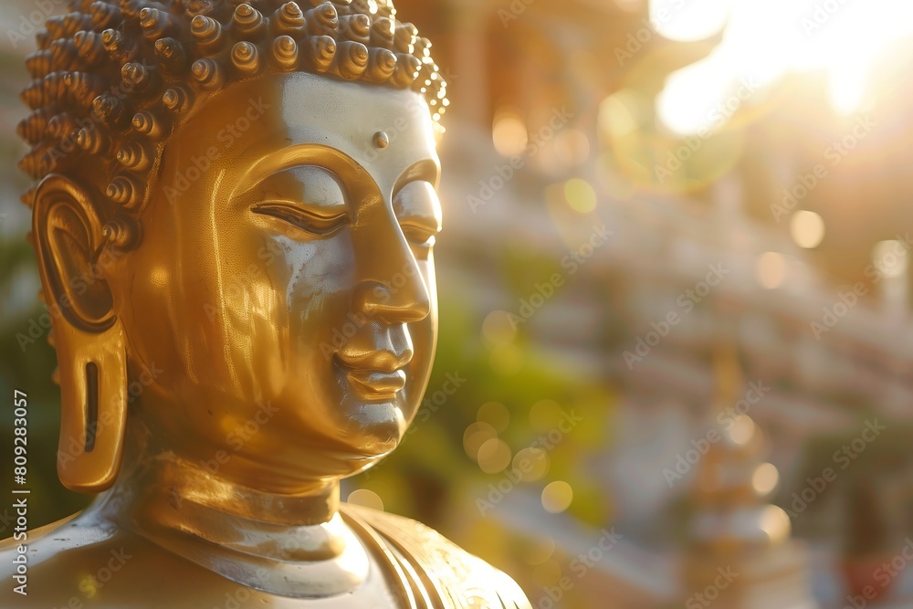 Close-up of the head of a gold Buddha statue on natural background, concept of Buddhism, spiritual balance, mental practices and tranquility, Asian tradition culture, photorealistic, banner, poster Close-up of the head of a gold Buddha statue on natural background, concept of Buddhism, spiritual balance, mental practices and tranquility, Asian tradition culture, photorealistic, banner, poster
