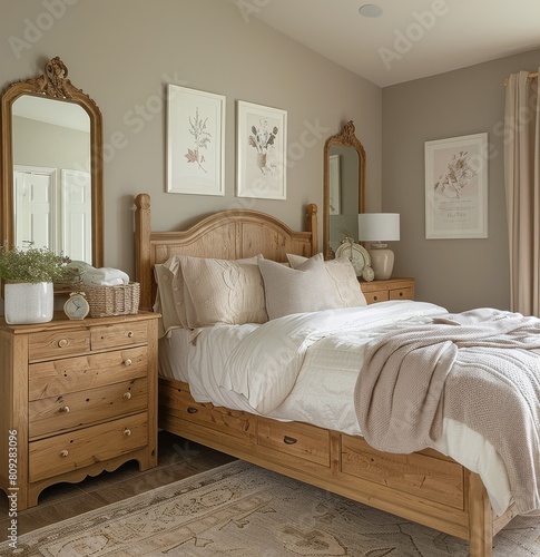 Bedroom With Bed, Dresser, and Mirror