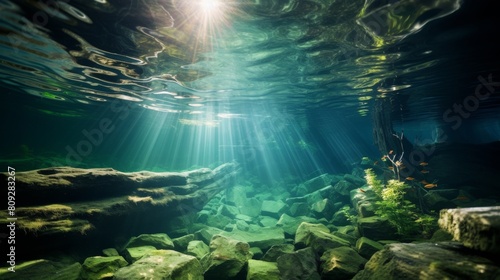 Sunlight Piercing Through The Serene Waters Of A Rocky Underwater Landscape. Generative AI