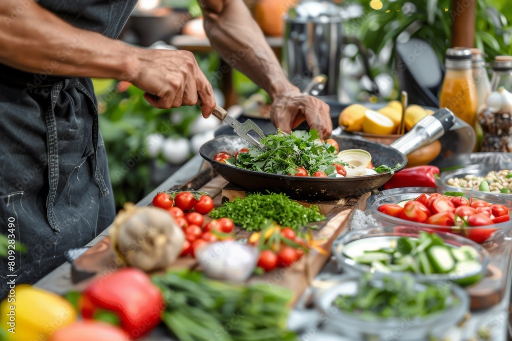 Chef Creating Healthy Dish with Fresh and Colorful Vegetables. Chef Creating Healthy Dish with Fresh and Colorful Vegetables.