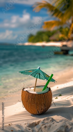 Coconut Drink With Umbrella on Beach