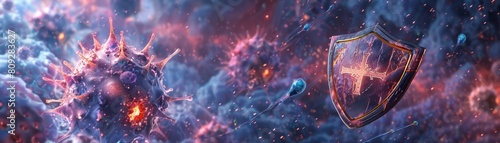 A digital painting of a shieldshaped fortress representing the immune system, surrounded by vibrant, alienlike pathogens