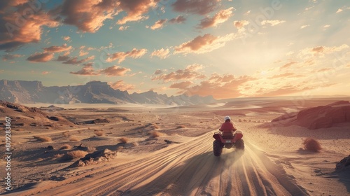 a person riding an atv at the desert realistic