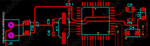 Vector printed circuit board of electronic 
device with components of radio elements, 
conductors and contact pads placed on it. 
Engineering drawing of pcb design.