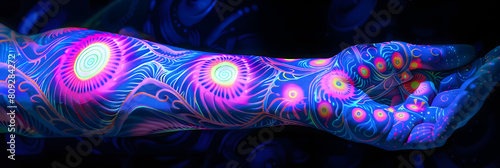 Illuminating Artistry - Vivid and intricate ultraviolet tattoo glowing under black light
