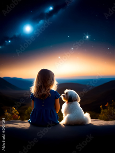A girl and her dog are sitting on a hillside at night, looking up at the stars