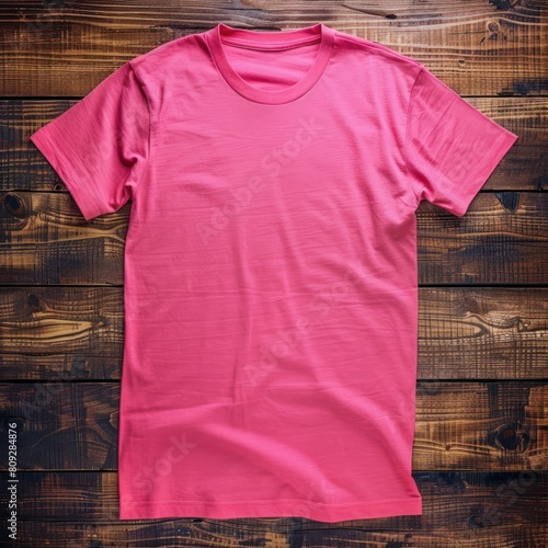 T- shirt mockup on wooden background, Mock up for design and print, Front Pink T-shirt Mockup