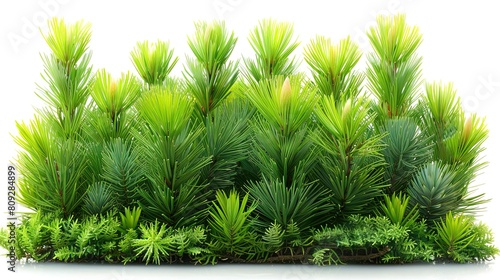 A variety of green pine trees and bushes photographed against a white background. photo
