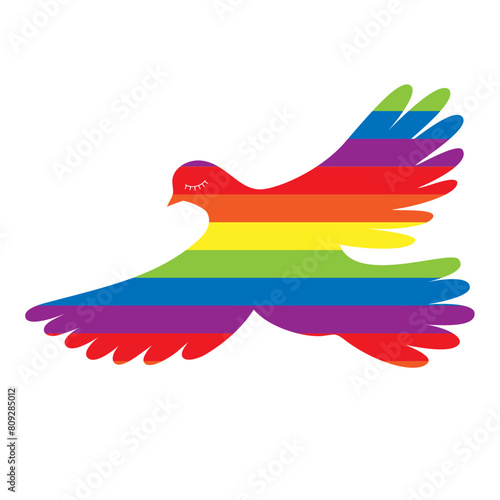 LGBT Pride Month in June. Lesbians, gays, bisexuals, transsexuals. LGBT flag. Rainbow love concept. Human rights and tolerance. Poster, postcard, banner, icon. Bird illustration on white.