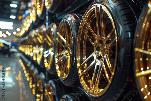 a row of gold rims on a car tire shop shelf