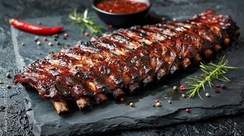 Grilled pork ribs with spices on a stone background. Generative Ai © we3_food