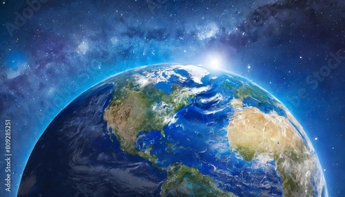 planet earth with detailed relief and atmosphere blue space background with earth and galaxy