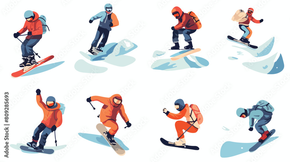 Set of scenes of snowboarders riding boards at snow