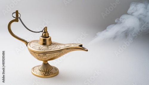 genie lamp with puff of smoke on white background awaiting wishes and opportunities photo