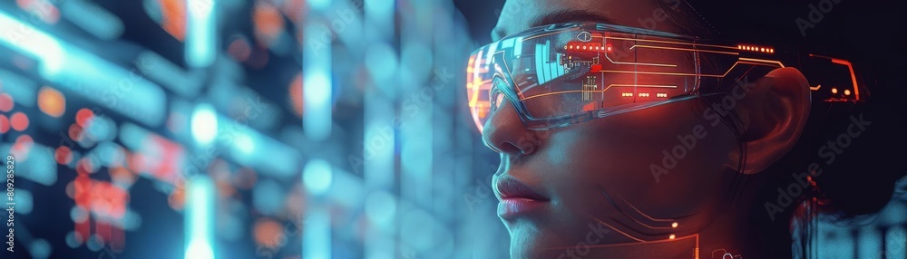 A stylized graphic of a radiologist with cyborglike features analyzing holographic images suspended in the air around them A stylized graphic of a radiologist with cyborglike features analyzing holographic images suspended in the air around them