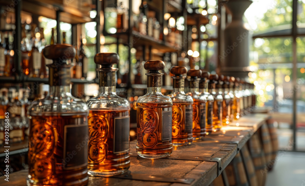 Row of different alcohol bottles in bar. Bottles of aged cognac on the wooden table Row of different alcohol bottles in bar. Bottles of aged cognac on the wooden table